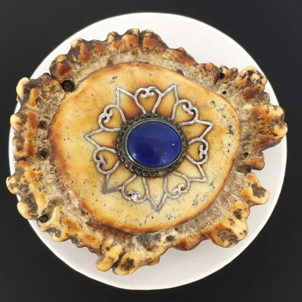 Vintage Handmade Western Antler Belt Buckle Blue Lapis Louise Signed Shanti